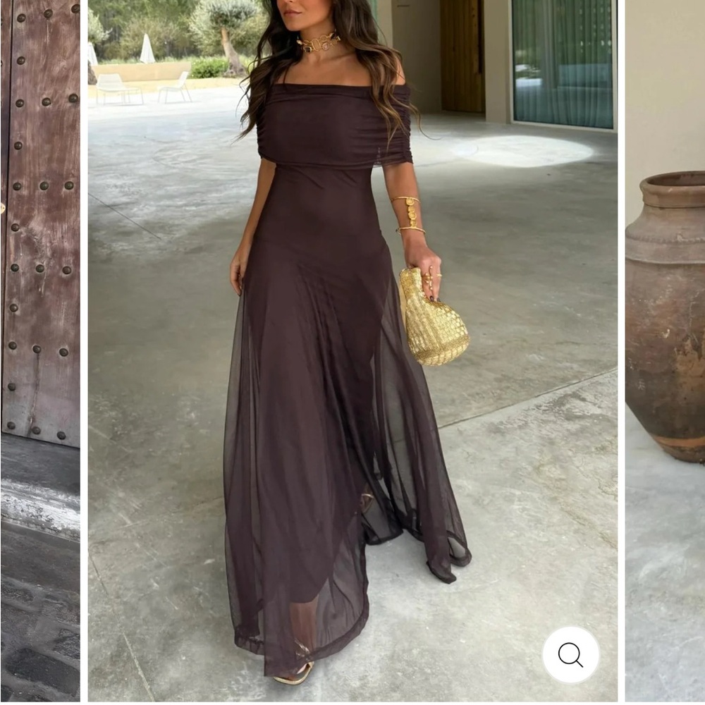 Elegant Off-Shoulder Brown Maxi Dress